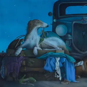 Illustration of a large dog, lying on top of an old-fashioned luggage trunk with women’s clothes falling out of it, and the dog is holding a high-heel in its mouth. Illustration by Kate Leiper, Whimsical, Figurative, Children, 
