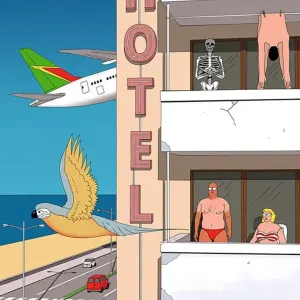 Illustration of a hotel on the beach with an airplane and a parrot flying through the air in opposite directions. On one balcony of the hotel there is a couple, the woman is sitting wearing a bikini, the man is standing in a speedo with a farmer's tan. In the balcony above is a skeleton standing with his skin hanging on a clothes line drying.. Illustration by Arne Höpfner, Conceptual, Whimsical, Figurative, Lifestyle, 