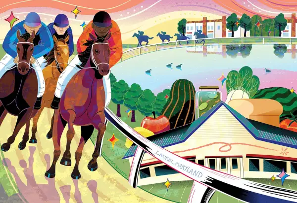 Dynamic illustration of racetrack in Laurel, Maryland, with horses and jockeys