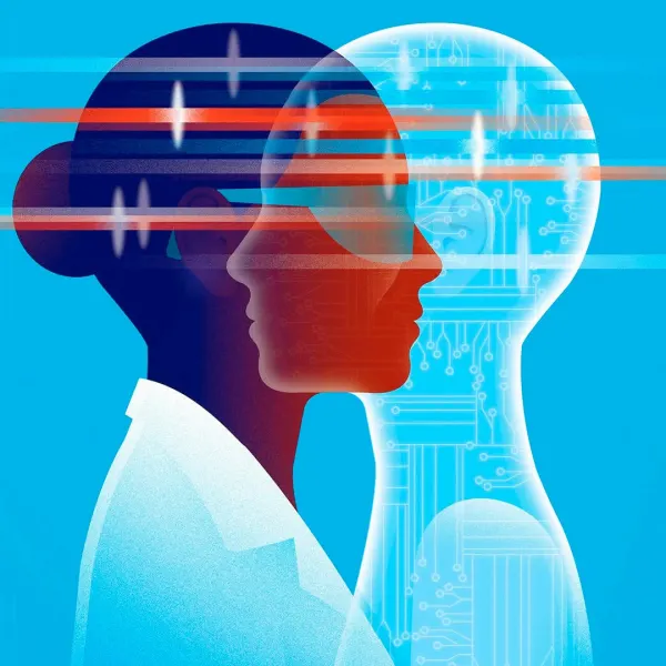 Illustration of 2 profiles facing each other, one a human, another, made out of computer, overlapping.