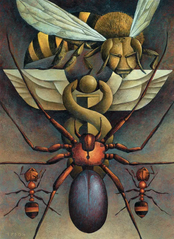 Illustration of bees, ants, and a spider with a medical symbol, caduceus.