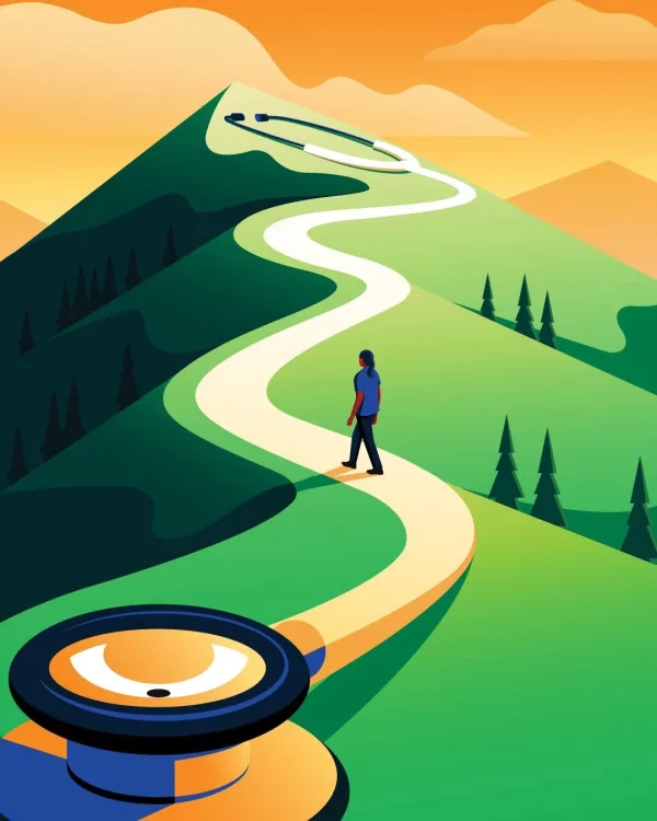 Graphic illustration of a stethoscope that morphs into a path up a mountain with a healthcare professional walking to the top.