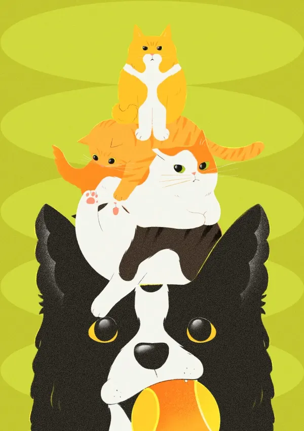 Illustration of a dog, and a pile of cats on top of its head.