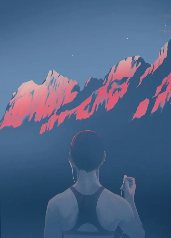 Illustration of a man standing in front of the Dolomites, while holding an ear bud in one hand.