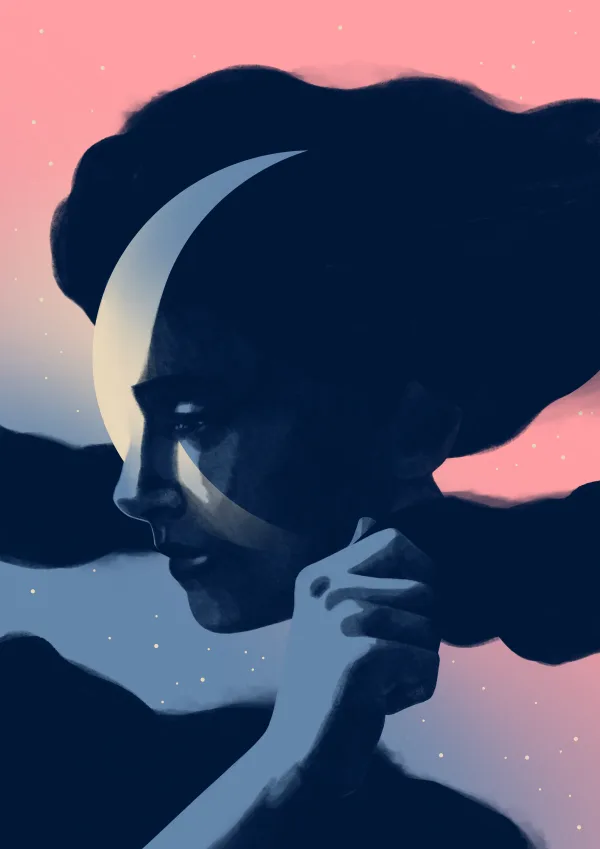 Illustration of a profile of a person that is merged with a sliver of the moon