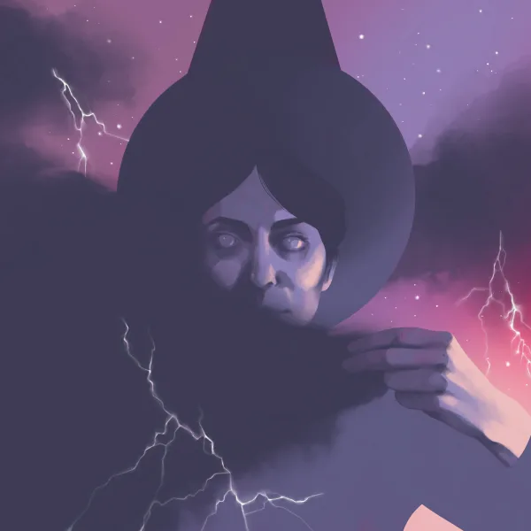 Illustration of a witch who is holding a thundercloud.