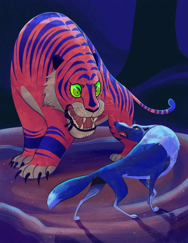 Illustration of a tiger with glowing green eyes, circling a hyena