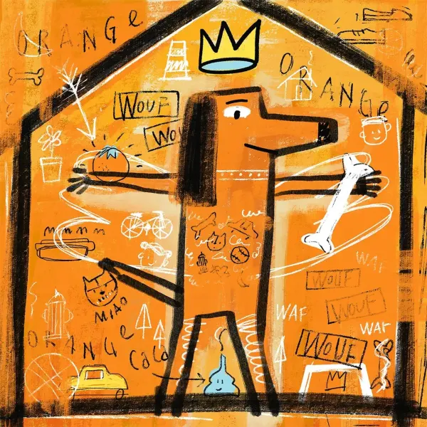 Illustration in the style of Basquiat of a dog in a house wearing a crown