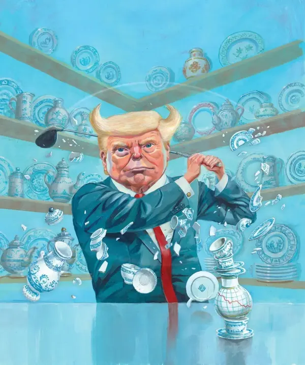 Illustration of Trump swinging a golf club in a china shop, smashing dishes and teacups