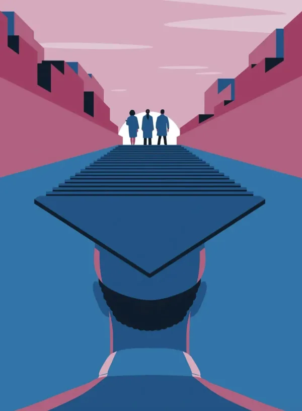 Graphic illustration of a graduate looking into the horizon wearing a mortarboard, that is morphed into stairs with people walking on it.