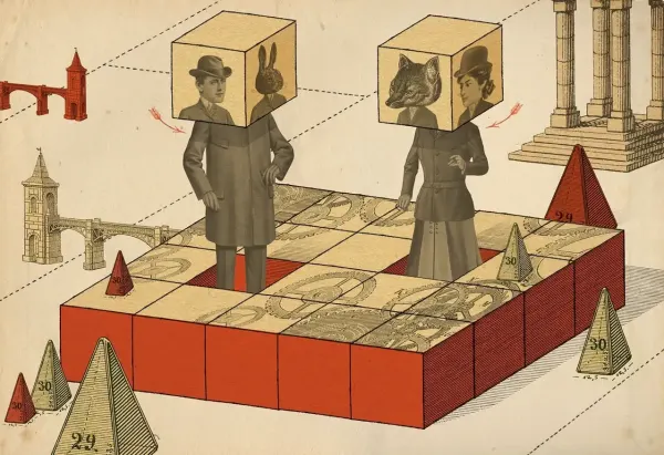 Collaged illustration of figures standing in middle of cubes, with a cube on their shoulders that has faces of humans and animals on each side.