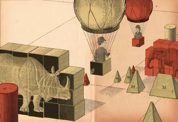 Collaged illustration of two figures in hot air balloons approaching each other.