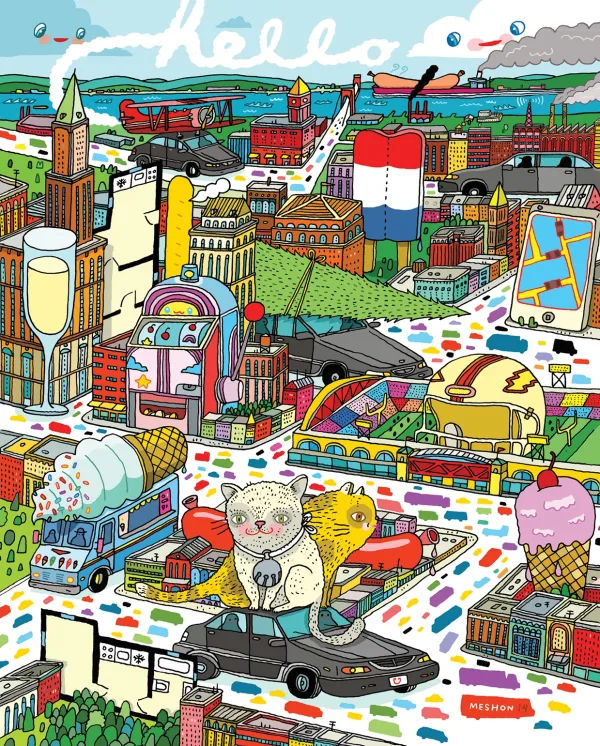 Whimsical, colorful illustration of a city.