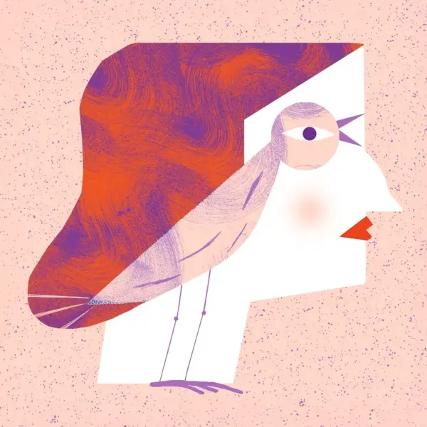 Abstract illustration of a woman and a bird in profile, sharing the same eye