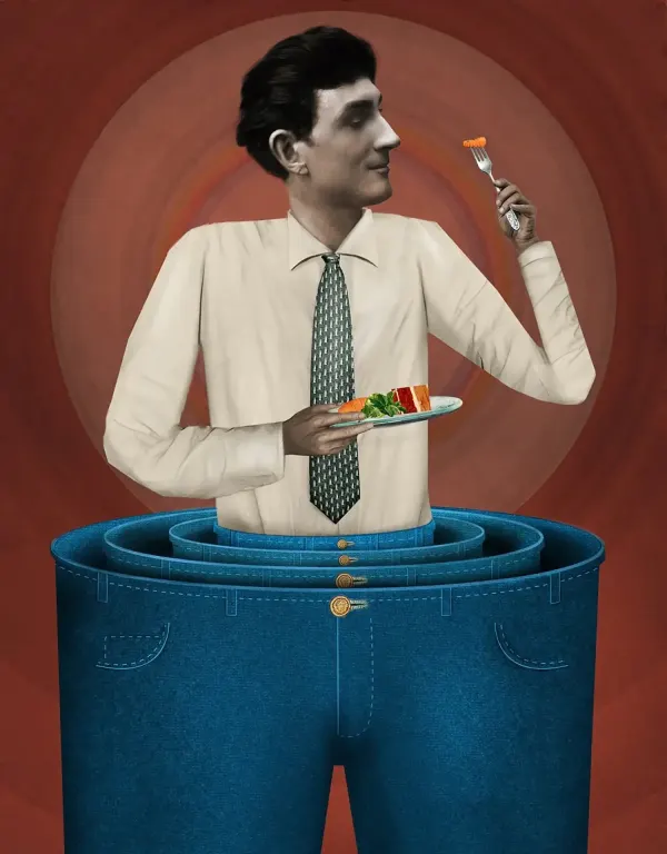 Collaged illustration of a many eating while standing in concentric blue jeans over various sizes.