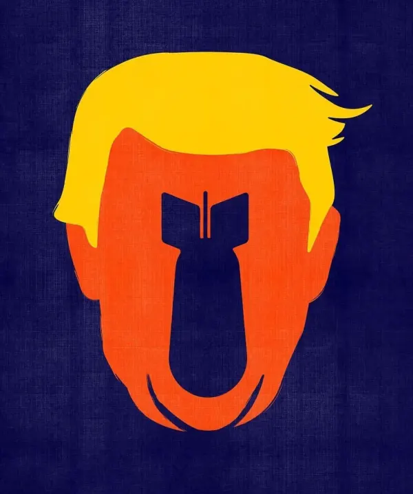 Graphic illustration of President Trumps face with his features replaced by a bomb.