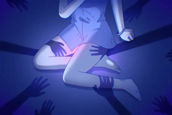 Illustration of a woman sitting on the floor with shadowed hands reaching out to touch her bare legs.