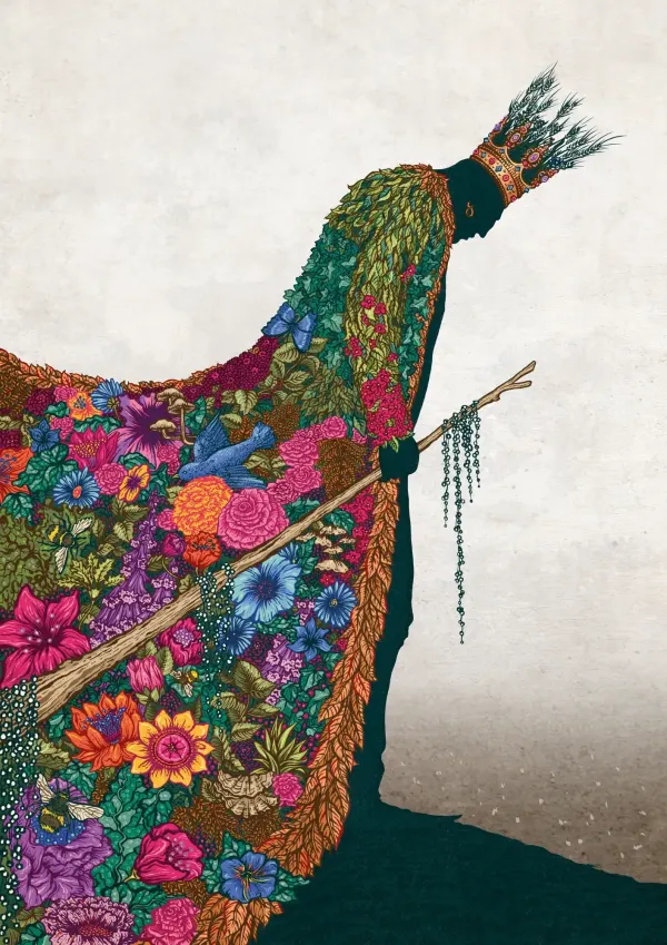 Graphic illustration of a down-trodden man wearing a crown and an elaborate, fantastical cape made out of brightly colored flowers.