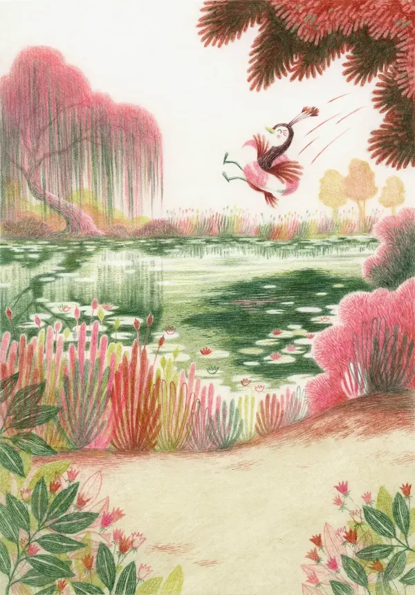 Vibrant illustration of a bird, wearing an inflatable tube, jumping into a lake, surrounded by plants and trees.