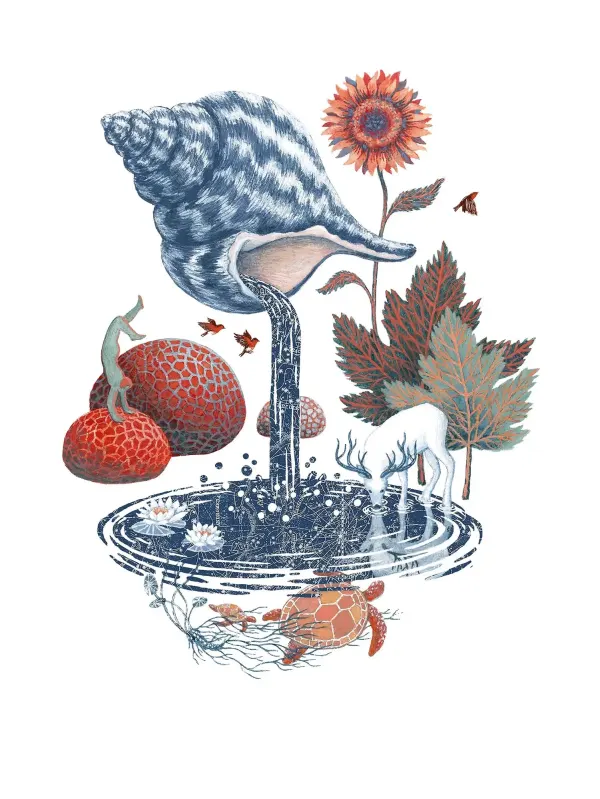 Illustration of flora and fauna in a fantasy landscape.