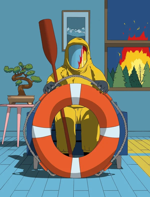 Illustration of a person inside a house, dressed in a hazmat suit holding a inflatable tube, holding an oar, while outside a forest fire rages.