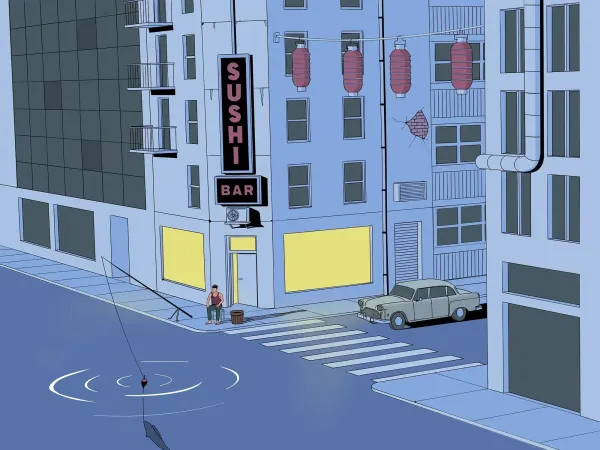 Illustration of a street intersection in Tokyo, with a man fishing in the road.