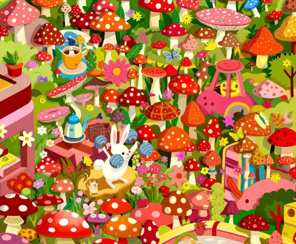 Bright, colorful illustration that is packed with mushrooms, flowers, butterflies, and a small rabbit lifting weights.
