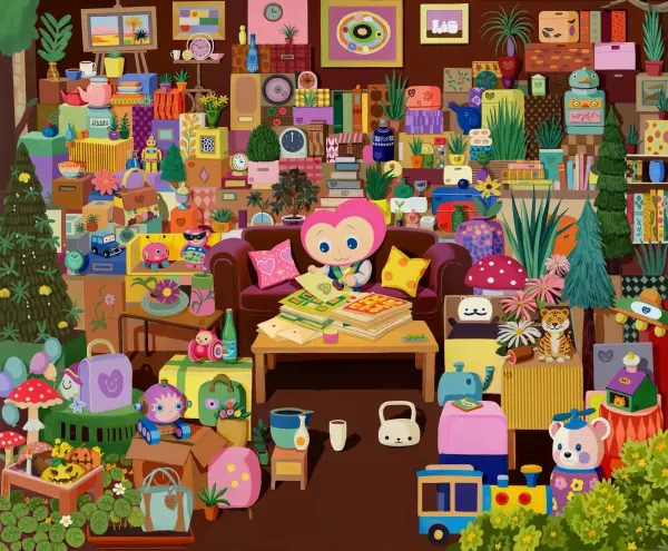 Bright, colorful illustration that is a home packed with houseplants, clocks, household items, and on the couch is a small, heart-shaped person reading.