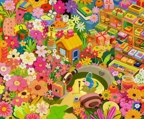 Bright, colorful illustration that is packed with flowers, honey, wrapped packages and a small bee.