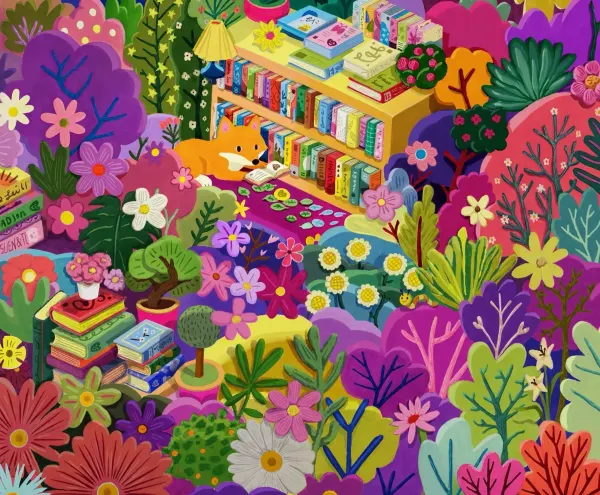 Bright, colorful illustration that is packed with flowers, trees, a bookcase, and a small fox reading a book.