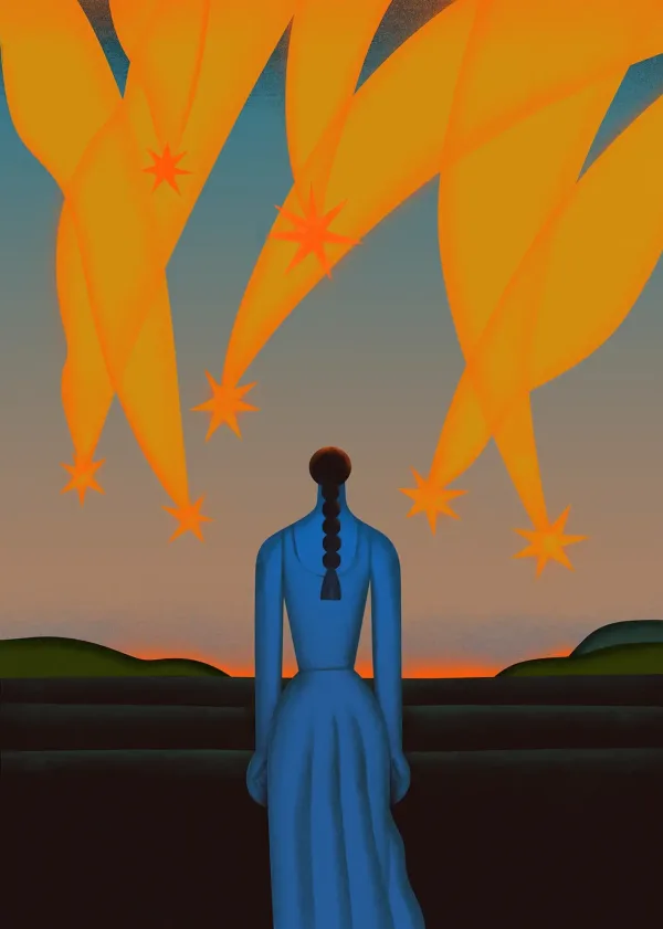 Somber illustration of a woman in blue, watching yellow falling stars in the distant horizon.