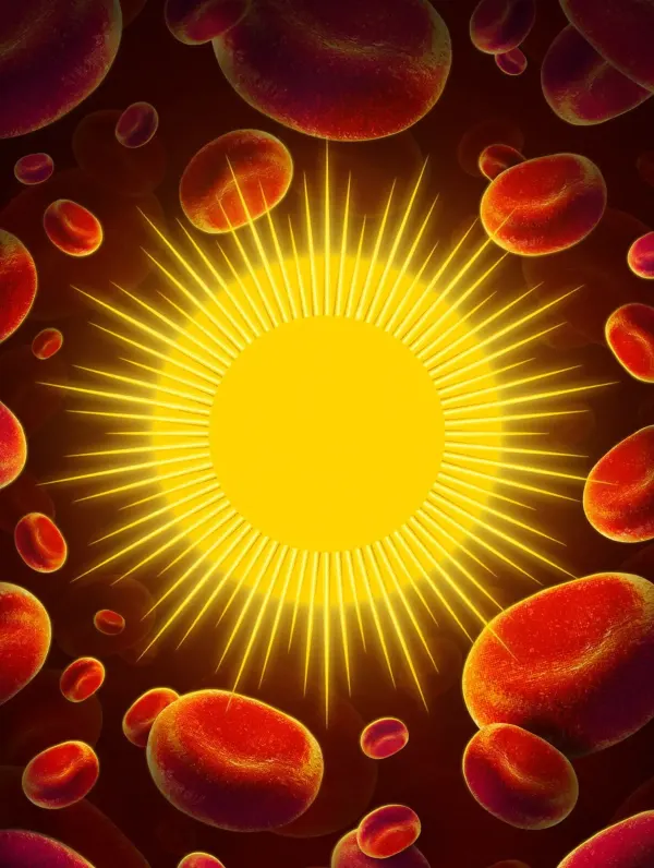 Illustration of a sun surrounded by red blood cells.