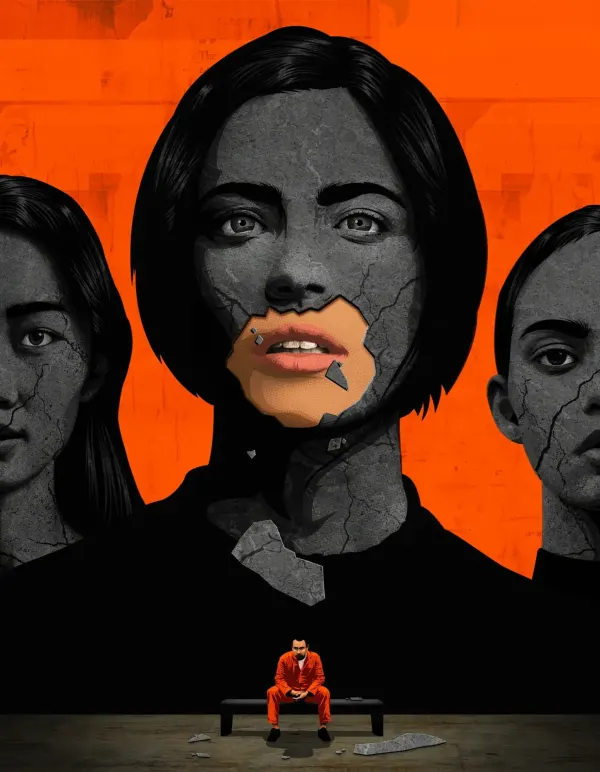 Graphic illustration of abuser Larry Nasser in the foreground, in prison garb, sitting on a bench and behind him are looming images of women on a gray wall, with the plaster falling off and showing their mouths in full-color.