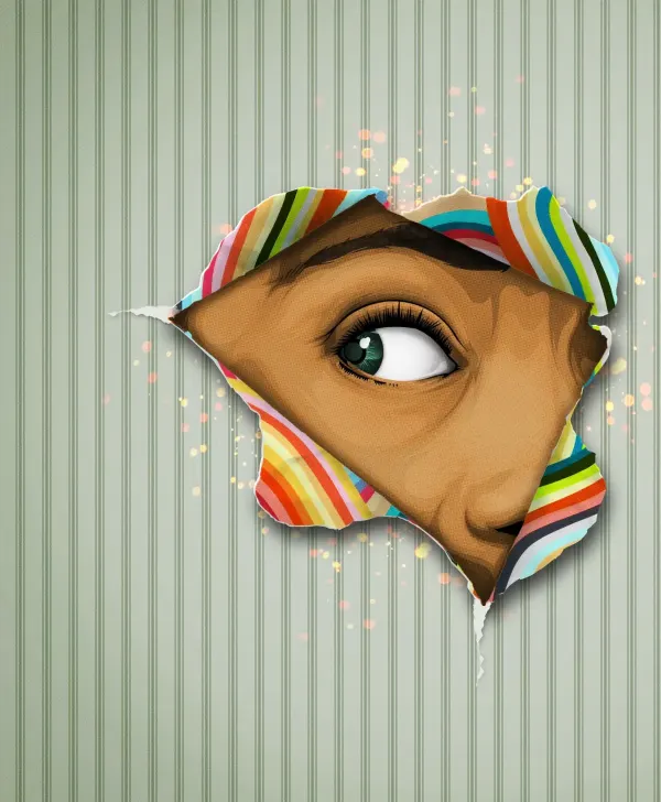 Trompe-l'œil illustration of a gray-striped piece of paper that is torn open and a person’s face peering through.