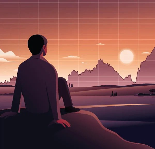 Illustration of a man sitting on a hill, looking off into the distance, that have a graph overlay.