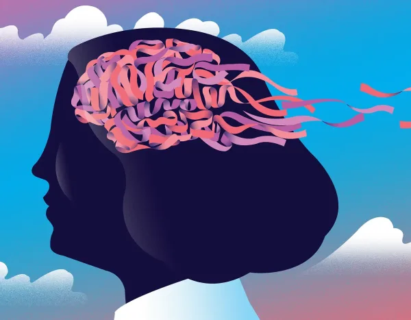 Illustration of a woman with ribbons where her brain would be and some of the ribbons are being blown away.