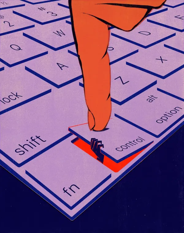 Illustration of a computer keyboard with finger pressing down on a key, but the there is a figure coming up from below the key and grabbing it.
