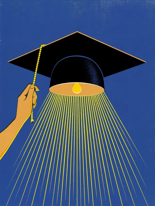 Graphic illustration of a mortarboard with someone pulling a chain as if it was a light fixture.