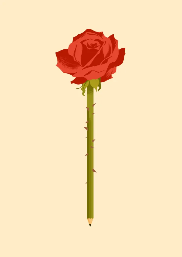 Graphic illustration of a rose with thorns but the end of the stalk is a pencil tip.