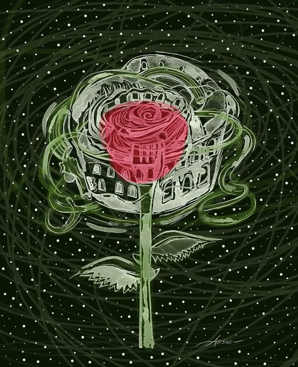 Decorative illustration of a rose with a house overlaying the flower.