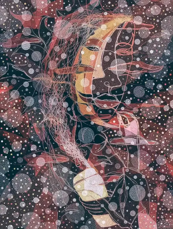 Highly decorative illustration of person holding a coffee cup, with the moon above.