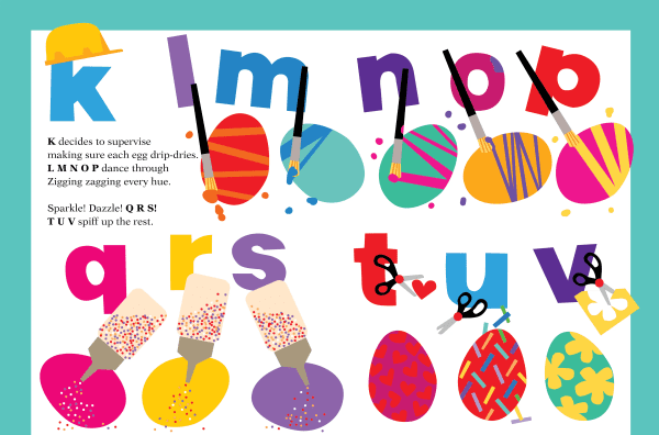 Children’s illustration of the alphabet decorating eggs.