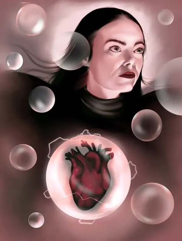 Illustrated portrait of Emma Stone in the movie Poor Things, surrounded by bubbles and one bubble contains a human heart.