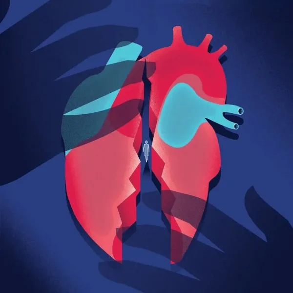 Illustration of a shadow of two hands hovering over a human heart that is broken in two, while a small figure walks between the halves.