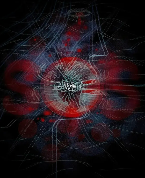 Decorative illustration with overlapping heads with red tears and the letters SOS, and at the center the word Iran