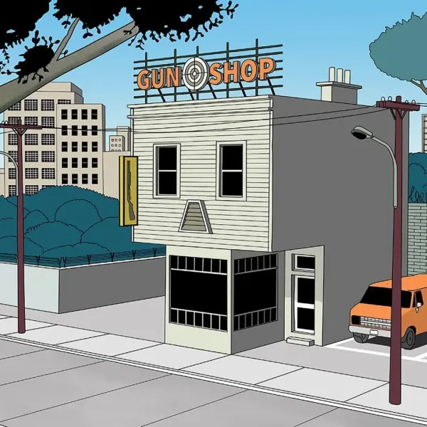 Illustration of a gun shop storefront that resembles a skull