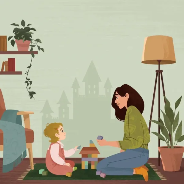 Illustration of a mother and a toddler playing with toy blocks, building a small house, and on the wall is a shadow of a castle.