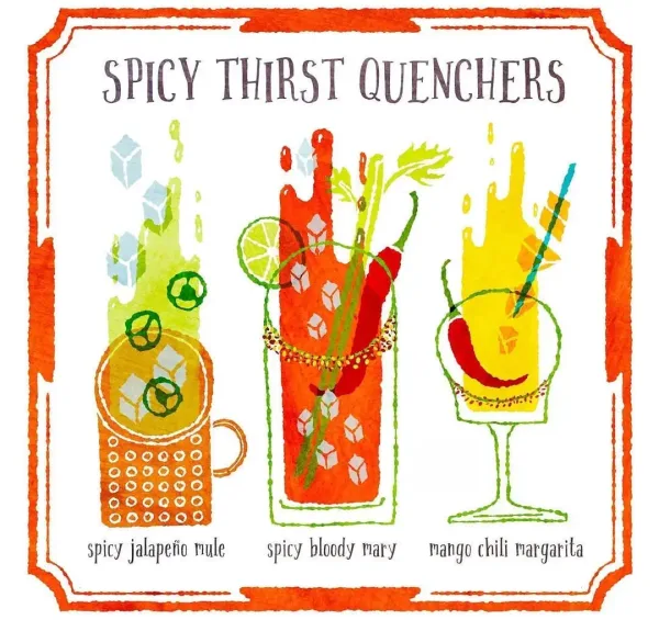 Illustration with the title “Spicy Thirst Quenchers,” showcasing of 3 different drinks including Spicy Jalapeño Mule, Spicy Bloody Mary, and Mango Chili Margarita