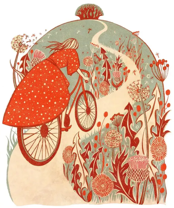 Whimsical illustration of a woman in a red dress biking through wild flowers up a winding road.