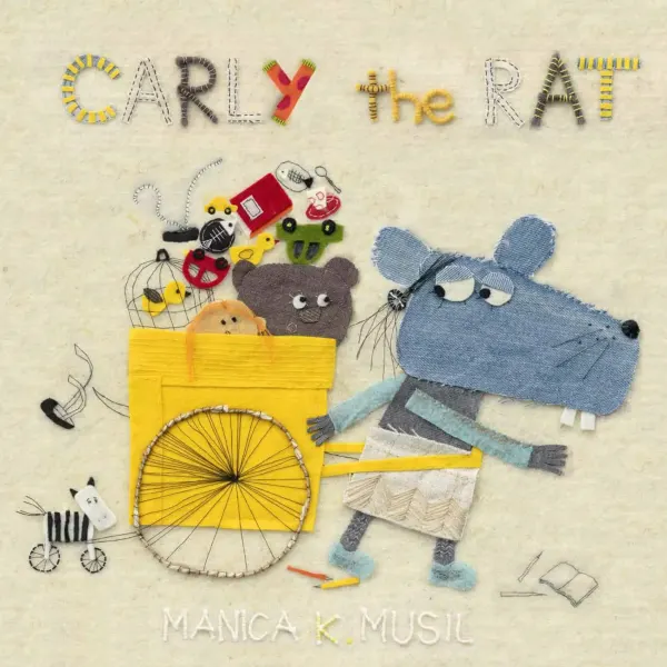 Embroidered illustration for children’s book <i>Carly the Rat</i>; a rat is dragging a cart full of toys.
